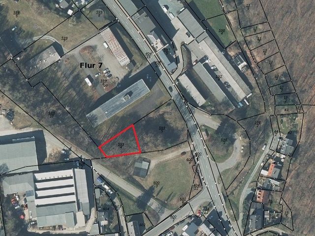 Lageskizze mit Luftbildunterlegung - Grundstück mit Gehölzbewuchs innerhalb eines Gewerbegebietes in Greiz