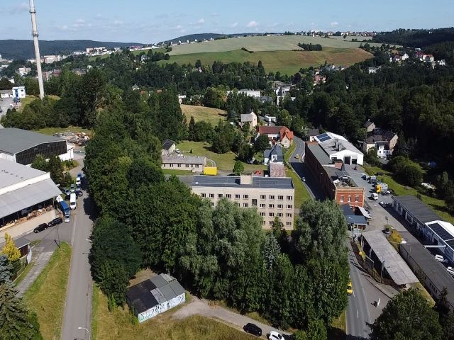 Blick auf den Verkaufsgegenstand mit Umgebung - Grundstück mit Gehölzbewuchs innerhalb eines Gewerbegebietes in Greiz