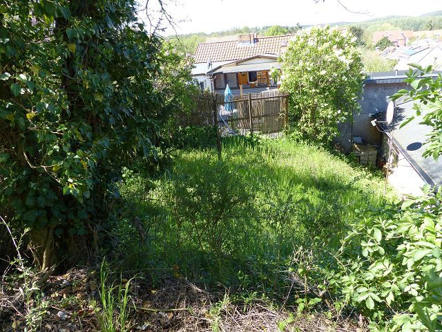 Blick auf Verkaufsfläche und Nachbarbebauung - Mit Bäumen bewachsene Grünfläche hinter Wohnbebauung ca. 3 Autominuten vom Strandbad Buckow am Schermützelsee entfernt