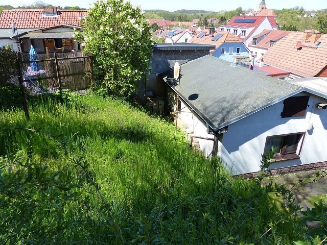 Blick auf Verkaufsfläche und Nachbarbebauung - Mit Bäumen bewachsene Grünfläche hinter Wohnbebauung ca. 3 Autominuten vom Strandbad Buckow am Schermützelsee entfernt