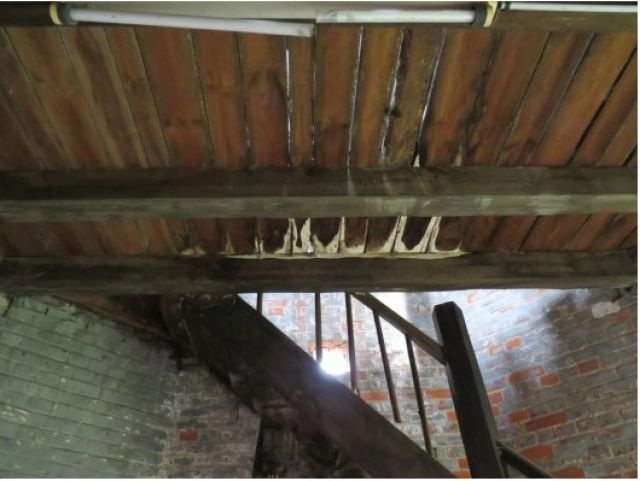 Pilzbefall an der Holzkonstruktion - Denkmalgeschützter ehemaliger Wasserturm mit Ölbunker am Bahnhof Elsterwerda-Biehla