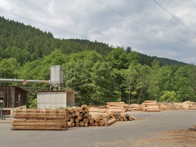 Blick Richtung Verkaufsgegenstand hinter dem Sägewerk und auf die Umgebung - Über 1 ha vertragsfreies Grundstück teilweise mit Gehölzbewuchs hinter einem Sägewerk im Odenwald
