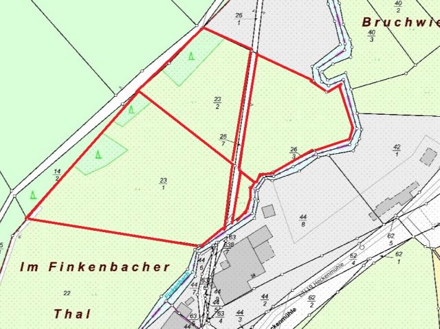 Lageskizze Verkaufsflurstücke für Flurbereinigungsverfahren - Über 1 ha vertragsfreies Grundstück teilweise mit Gehölzbewuchs hinter einem Sägewerk im Odenwald
