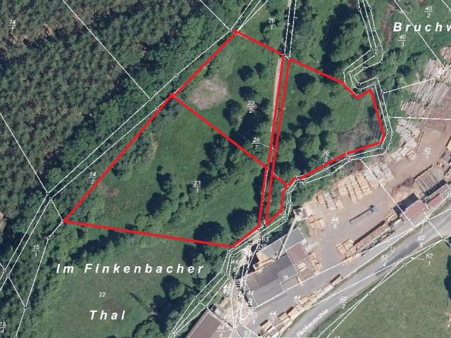 Lageskizze Verkaufsflurstücke für Flurbereinigungsverfahren - Über 1 ha vertragsfreies Grundstück teilweise mit Gehölzbewuchs hinter einem Sägewerk im Odenwald