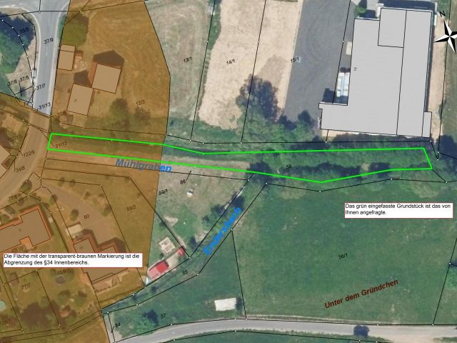 Verkaufsgegenstand - Zweiseitig vom Rohrbach umflossene Landwirtschaftsfläche in Ortslage **teilweise im Innenbereich nach § 34 BauGB**