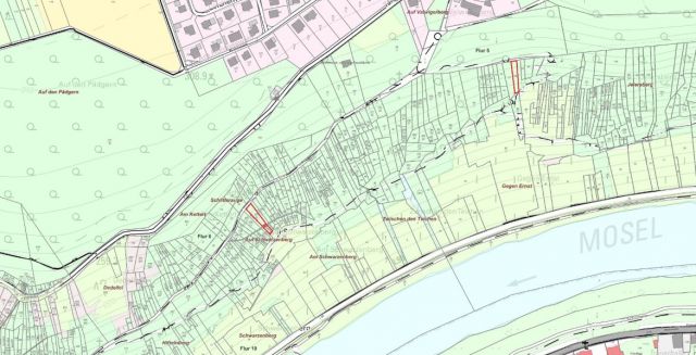 Umgebungsskizze alle Flurstücke - 3 bewaldete, naturbelassene Hangflächen oberhalb von Weinanbauflächen mit Blick auf die Mosel