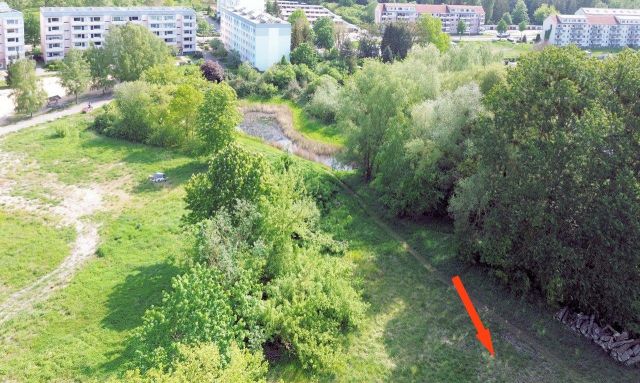 Blick auf Verkaufsfläche, Umgebung und Zuwegung über Fremdflurstücke - Vertragsfreie Grünfläche mit partiellen Gehölzbewuchs ca. 1,6 km vom Zierker See mit dem Stadthafen Neustrelitz entfernt