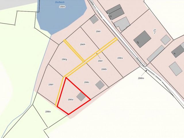 Lageskizze (rot=Grundstück / gelb=Zuwegung) - Ruhig gelegenes Erholungsgrundstück mit Gartenhaus und Terrasse **Lage zwischen Leipzig, Dresden und Chemnitz**