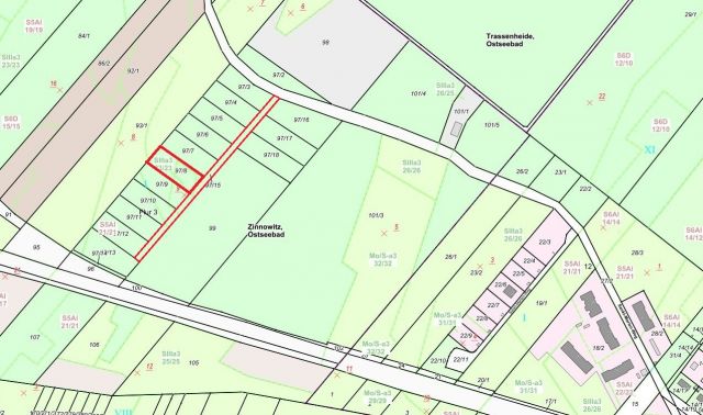 Lageskizze Flurstück 97-8 und Wegeflurstück - Waldfläche auf der Insel Usedom **nahe Ostseestrand von Zinnowitz**