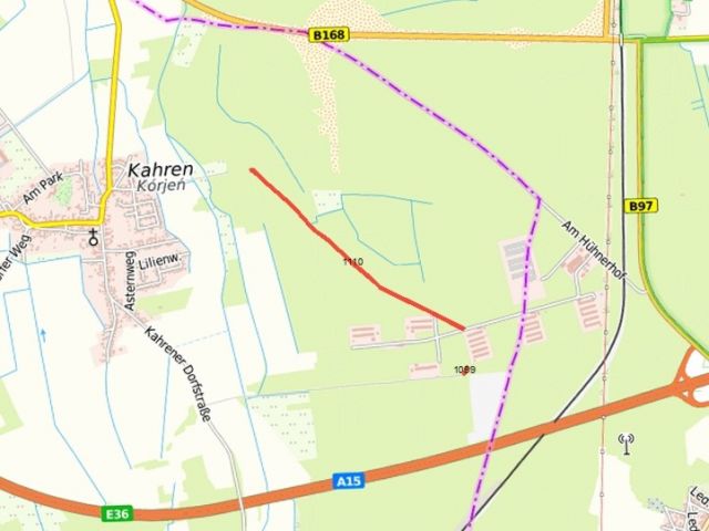 Lage des Verkaufsgegenstandes - Verkehrs- und Waldfläche südwestlich von Cottbus