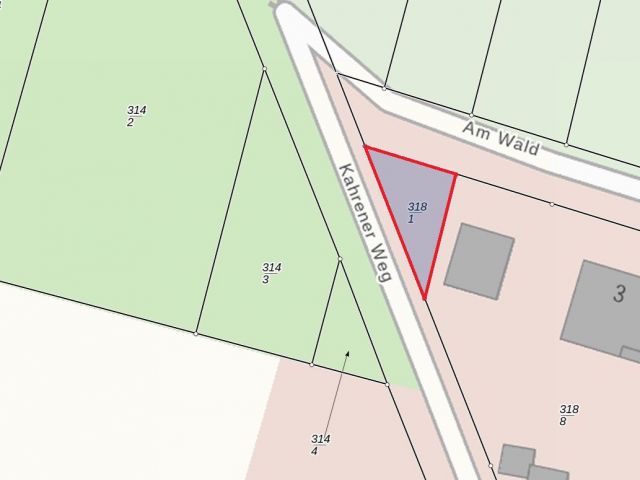 Lageskizze Flurstück 318/1 - Kleine Grünfläche neben Wohngrundstück, Ackerstreifen im B-Plan und Wegefläche mit insgesamt über 1,9 ha Grundstücksgröße