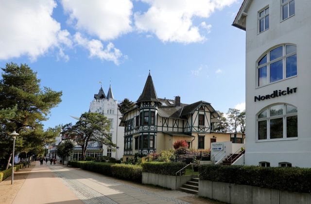 Blick auf Promenade im Ostseebad Zinnowitz - Waldfläche auf der Insel Usedom **nahe Ostseestrand von Zinnowitz**