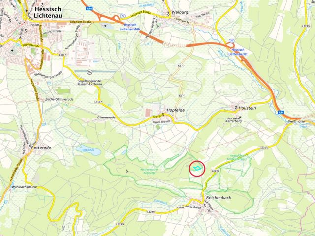 Lage Verkaufsfläche  - Vertragsfreier Eschenwald etwa 35 km von der Innenstadt Kassels entfernt
