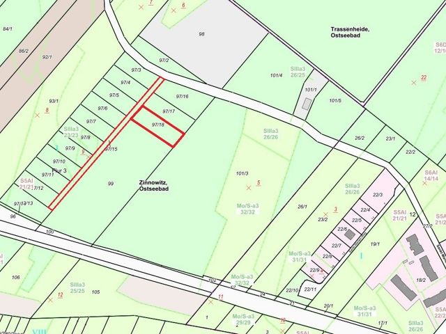 Lageskizze - Flurstück 97/18 und Wegeflurstück - Waldfläche auf der Insel Usedom **nahe Ostseestrand von Zinnowitz**
