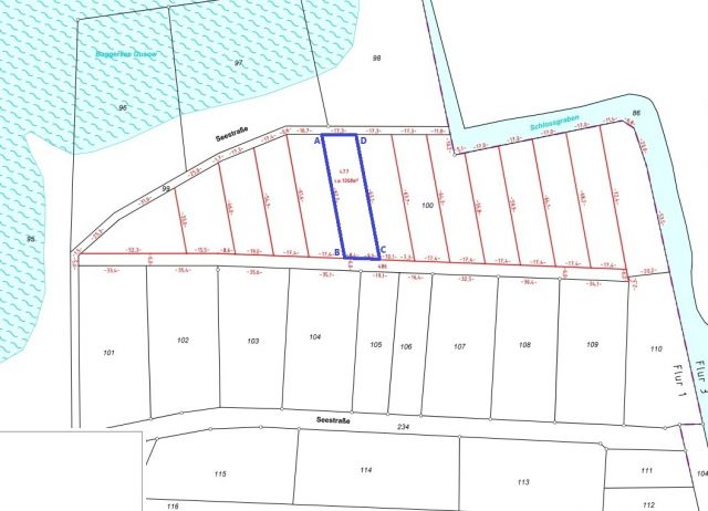 Anlage 2 zum Kaufvertrag - Teilflächenkarte A-B-C-D-A - Vertragsfreie Waldfläche nahe dem Baggersee & dem Schloss Gusow