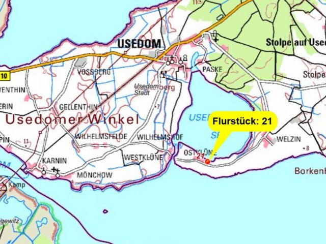 Übersicht Lage des Flurstückes - Vertragsfreies Grundstück auf der Insel Usedom direkt am Usedomer See *zwischen Peenestrom & Stettiner Haff*