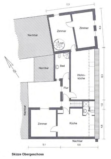 Grundriss OG - Wohnhaus in zentraler Ortslage **leerstehend**