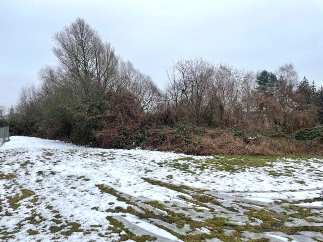 Blick Richtung Verkaufsfläche und auf die Umgebung - Großes, naturbelassenes Erholungsgrundstück an einem Kanal, gegenüber von Wohnbebauung und neben einer Gartenanlage