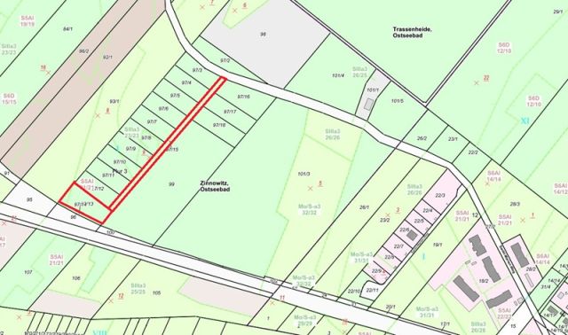 Lageskizze - Flurstück 97/13 und Wegeflurstück - Waldfläche auf der Insel Usedom **nahe Ostseestrand von Zinnowitz**