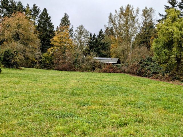 Blick auf Verkaufsfläche und Umgebung - Gepflegte Grünfläche hinter Wohnbebauung direkt am ´Mühlenbach´ ca. 10 km nördlich von Koblenz