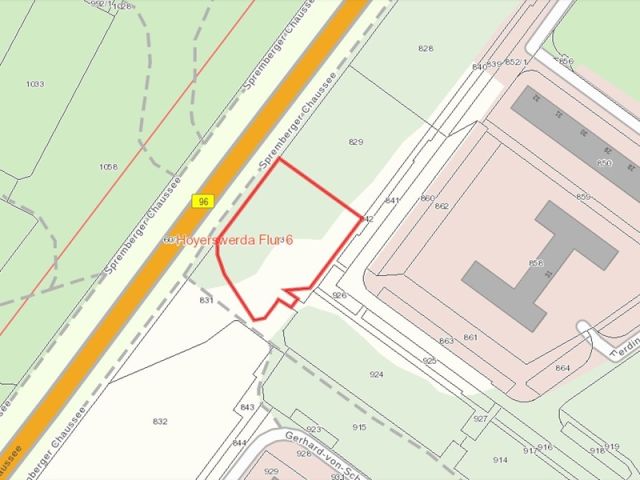 Lageskizze - Teil eines mit Bäumen und Sträuchern bewachsenen Grünzuges an der B97 in Hoyerswerda