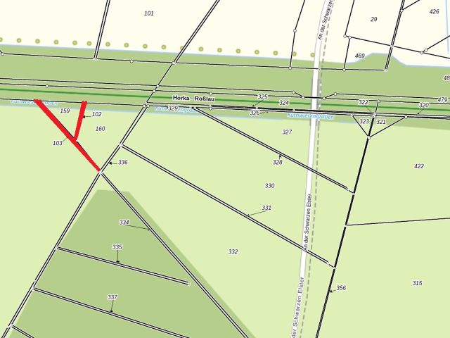 Lageskizze mit Umgebung - Kleine Grünflächen an der Bahntrasse Horka-Roßlau **verpachtet bis zum 30.09.2025**