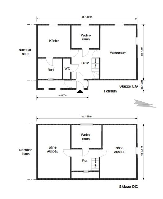 Grundriss Skizze - Ruinöse Doppelhaushälfte mit Nebengebäude zwischen Magdeburg und Halle (Saale)