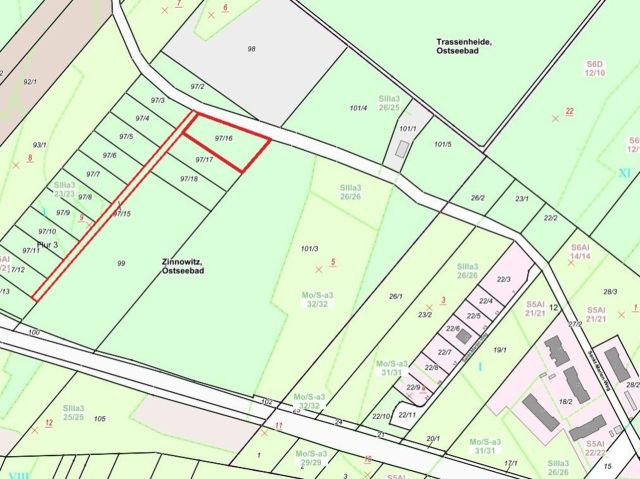  Lageskizze - Flurstück 97/16 und Wegeflurstück - Waldfläche auf der Insel Usedom **nahe Ostseestrand von Zinnowitz**