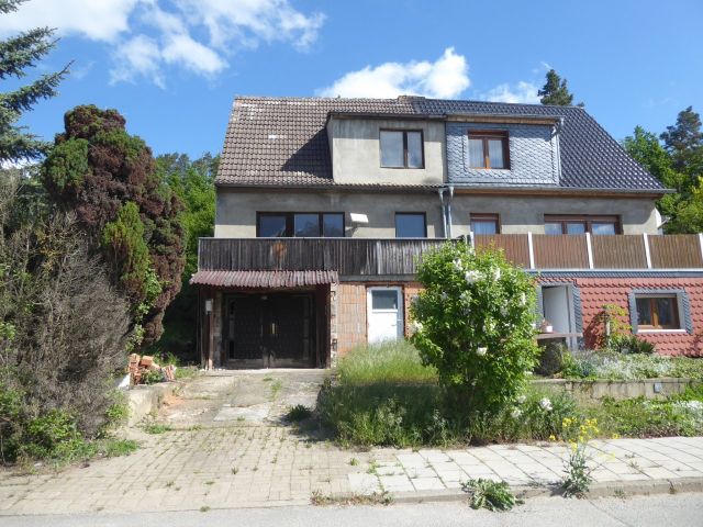 Blick auf Verkaufsobjekt linke Seite und Nachbarbebauung - Leerstehende Doppelhaushälfte mit Garage zwischen Wernigerode, Halberstadt und Quedlinburg
