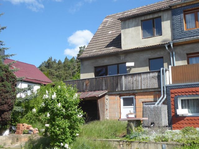 Blick auf Verkaufsobjekt und Umgebung - Leerstehende Doppelhaushälfte mit Garage zwischen Wernigerode, Halberstadt und Quedlinburg