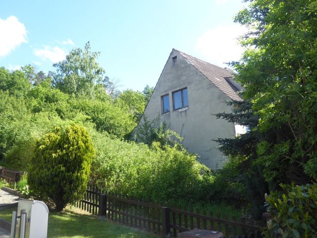 Giebelansicht und Umgebung - Leerstehende Doppelhaushälfte mit Garage zwischen Wernigerode, Halberstadt und Quedlinburg