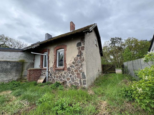 Blick auf die Rückseite des Wohnhauses mit Garten - Leerstehende Doppelhaushälfte mit Nebengebäude und Unterstand **etwa 40 km vom Magdeburger Zentrum entfernt**