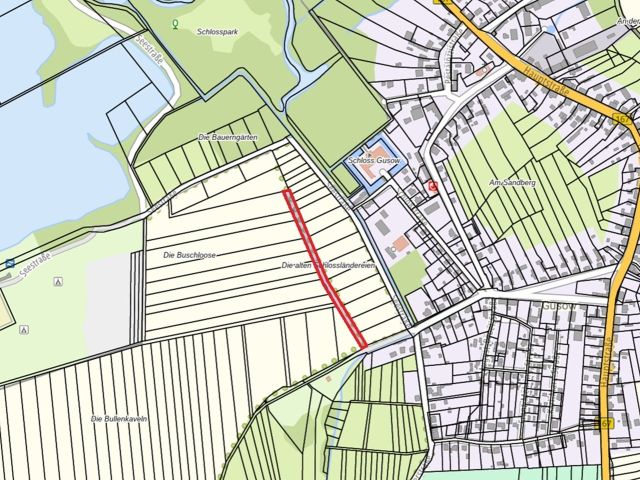 Lageskizze mit Umgebung - Teilweise vertragslos genutzte Wald-/Gehölzfläche **nahe dem Baggersee & dem Schloss Gusow**