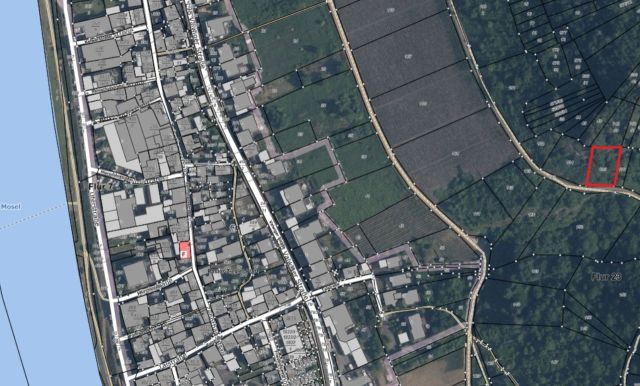Lageskizze mit Umgebung und Luftbildunterlegung - Vertragsfreie Waldfläche in Hanglage umgeben von Weinbergen **östlich der Mosel**