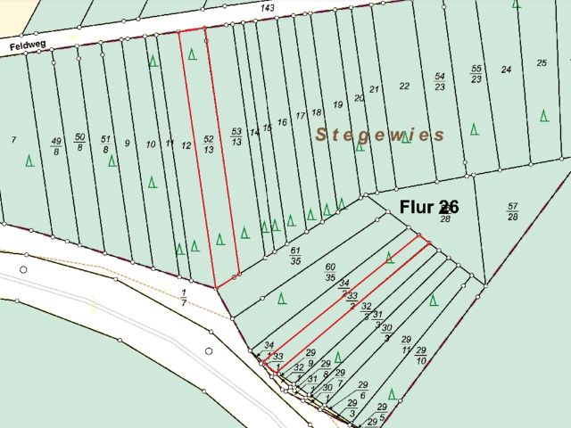 Lageskizze Flurstücke 52/13 und 33/2 - 10 Flächen in Streulage um Weidelbach * Landwirtschafts-/Grünlandflächen, teilweise mit Gehölzen/Sträuchern und Gehölzflächen