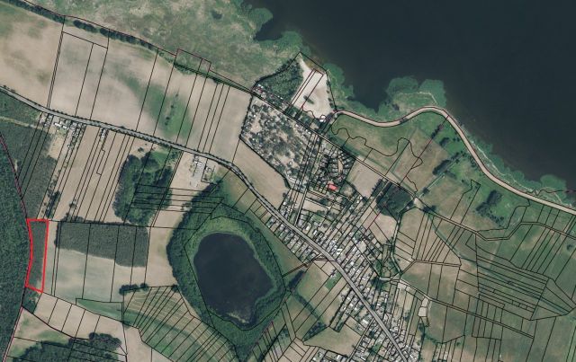 Lageskizze mit Umgebung und Luftbildunterlegung - Über 1,2 Hektar vertragsfreie Waldfläche (mit etwa 60-jährigen Kiefern) **nahe dem Stettiner Haff und dem Grambiner Strand**