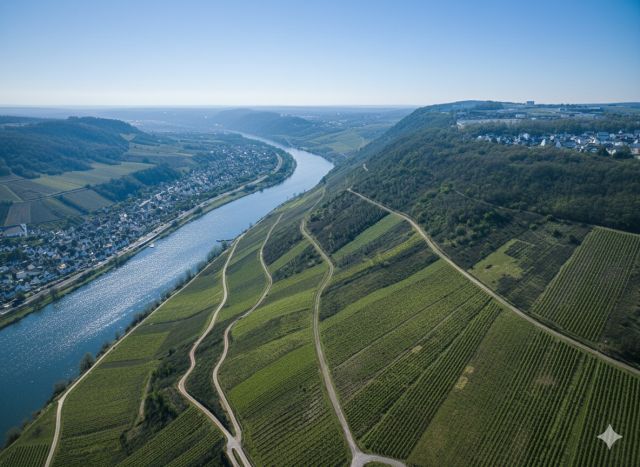 Blick Richtung Verkaufsfläche und auf die Umgebung - Vertragsfreier Weinberg mit der Rebsorte „Riesling“ in altem Weinort oberhalb der Mosel