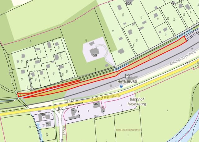 Lageskizze - Lange Gehölzfläche gegenüber des ehemaligen Bahnhofs Haynsburg unweit der weißen Elster