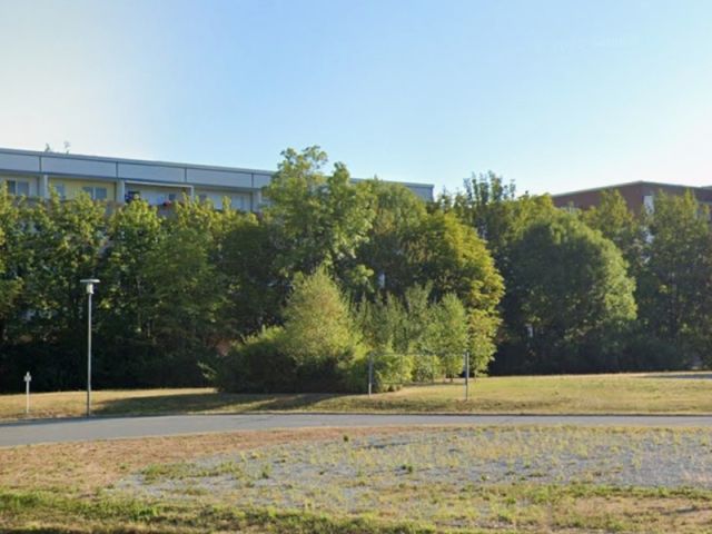 Blick auf Verkaufsfläche und Umgebung - Vertragsfreie mit Gehölzen und Sträuchern bewachsene Grünfläche zwischen einem Wohn- und Gewerbegebiet in der Oberlausitz