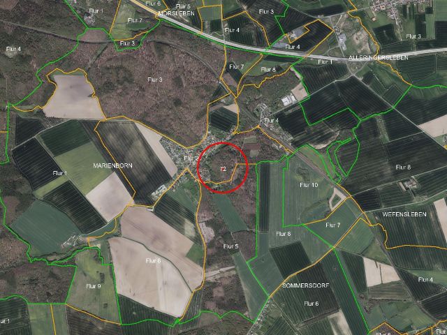 Lageskizze mit Umgebung und Luftbildunterlegung - Vertragsfreie, kleine Waldfläche nahe der Räuberhauptmannshöhle **zwischen Braunschweig und Magdeburg**