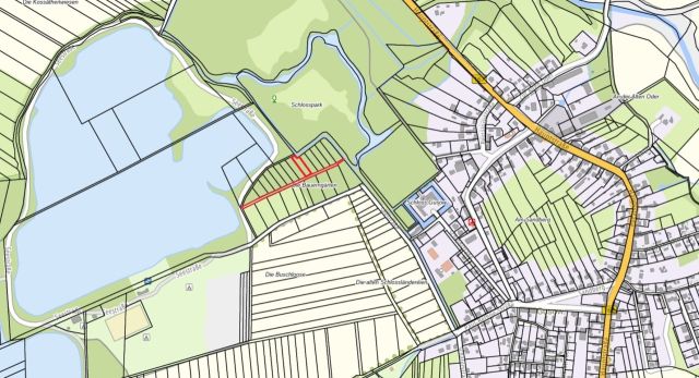 Lageskizze mit Umgebung - Flurstück 480 und Wegeflurstück 486 - Vertragsfreie Waldfläche nahe dem Baggersee & dem Schloss Gusow