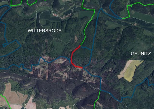 Lageskizze mit Umgebung und Luftbildunterlegung - Grundstücksstreifen (Wege- und Waldfläche) **nahe der Burgruine Schauenforst**