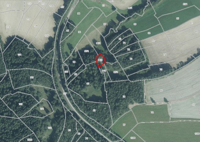 Lageskizze mit Luftbildunterlegung sowie Umgebung - Wald- und Wiesenfläche mit verwahrtem ehemaligen Schurfschacht des Wismut-Altbergbaus nordwestlich von Bad Brambach