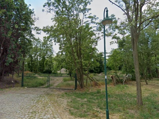 Blick vom Wuhdener Weg auf das Wegflurstück 466 im Fremdeigentum und auf die Umgebung - Große Grünfläche mit Baum- und Strauchbewuchs zwischen Wohngrundstücken und kleine vertragslos genutzte Gartenfläche
