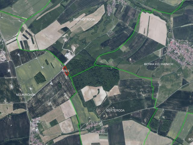 Lageskizze mit Umgebung und Luftbildunterlegung - 18/181 Miteigentumsanteil an einer Waldfläche mit über 1 Hektar **nahe dem Nationalpark Hainich**