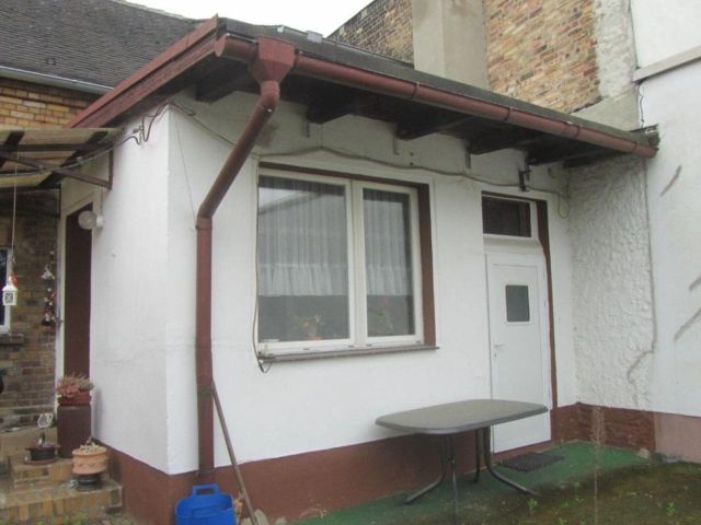  Anbau mit Terrasse. Die rechte Tür führt zum Heizungsraum mit Zugang zum Keller und Haus. Die linke Tür führt zum Eingangsbereich des Hauses.  - Leerstehendes Wohnhaus mit Nebengebäude, Garage und Garten in der Goitzsche‑Seenlandschaft +Natur pur vor der Haustür+