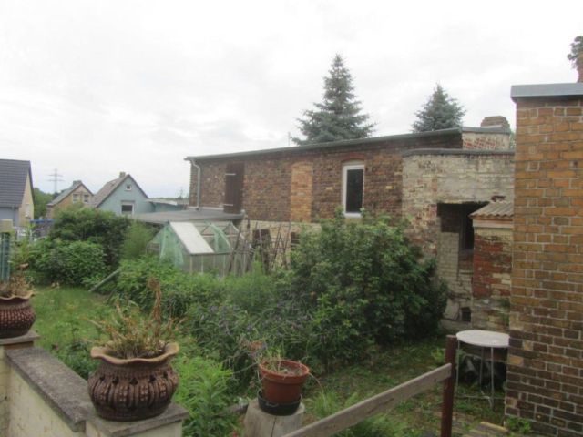 Blick von der Terrasse auf das Nebengelass - Leerstehendes Wohnhaus mit Nebengebäude, Garage und Garten in der Goitzsche‑Seenlandschaft +Natur pur vor der Haustür+
