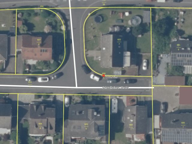 Friedberg (Hessen) ST Dorheim, Flur 1, FS 686/5 - Lageskizze mit Luftbildunterlegung - Paketverkauf von 8 Grundstücken (u. a. in Pfedelbach), mit Wald-/Gartenflächen in 5 Bundesländern *tlw. vertragslose Nutzung*