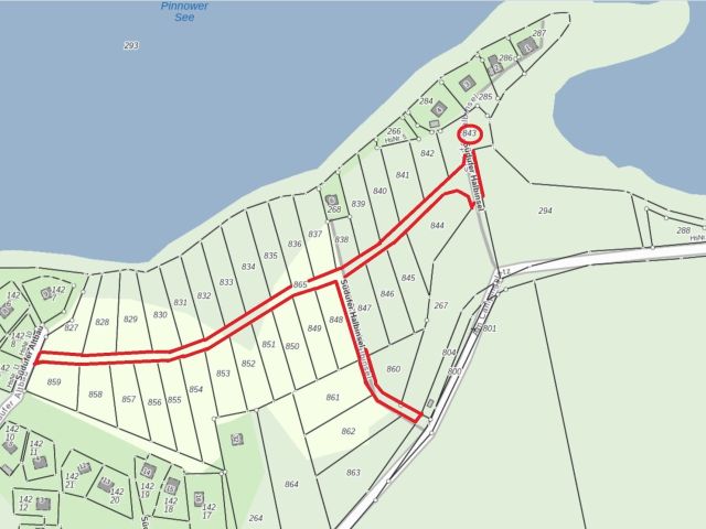 Lageskizze Weg im Miteigentumsanteil und Flurstück 843 - Unbebautes Grundstück im Grünen am Pinnower See bei Schenkendöbern neben einem Wochenendhausgebiet