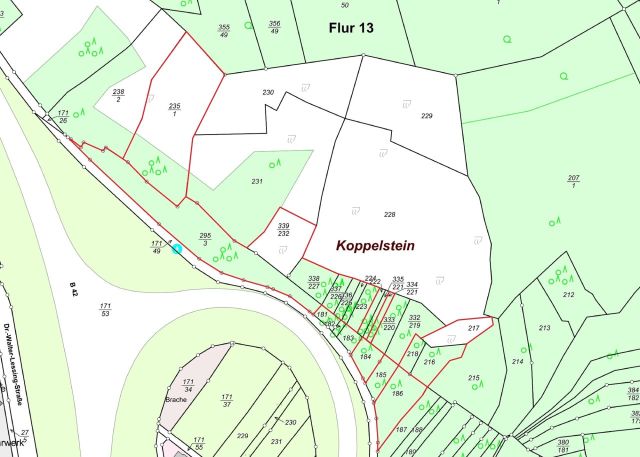 Lageskizze - 14 überwiegend zusammenhängende Wald- und Unlandflächen nahe der B 42 **vertragslos genutzt**